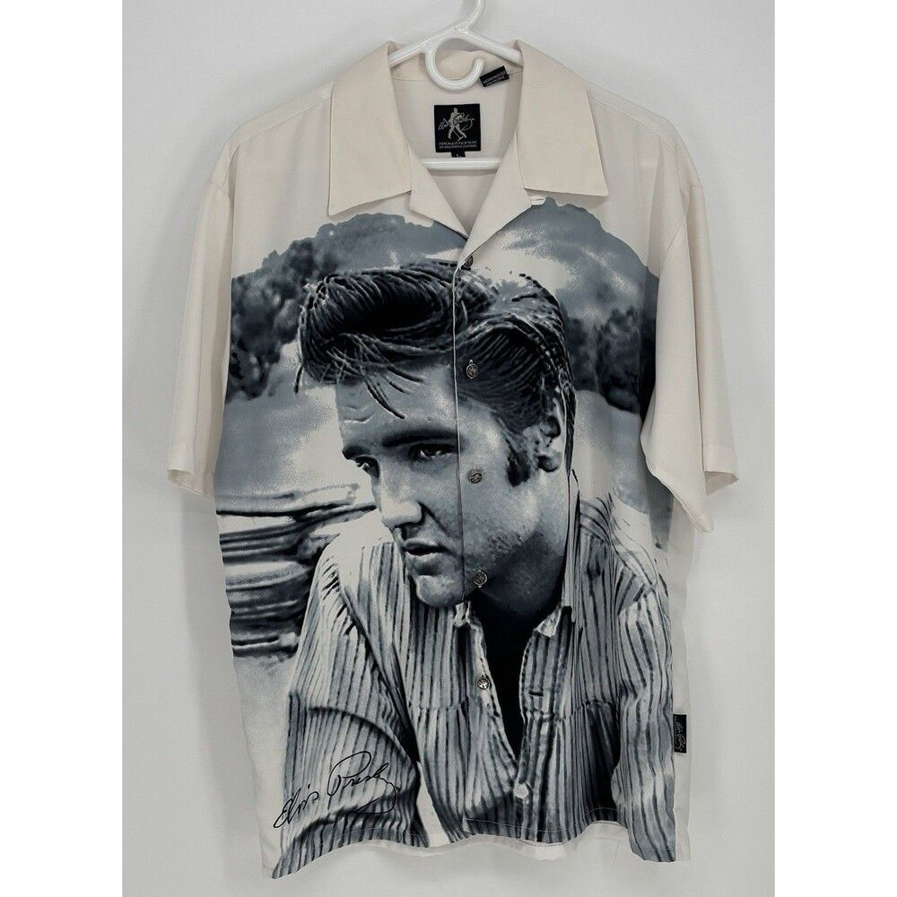 Vtg Y2K Elvis Presley Dragonfly Shirt Large Cream Photo Portrait Button Up NWOT
